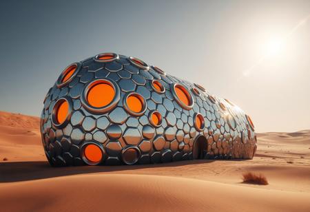 a building formed of metallic bubbles in the middle of a desert
its windows are circular and oval lit from withing by orange light
it's organic in shape and covered in hexagonal tiles
the metallic panels shine and glitter under the bright sun shining rays into the surrounding sand