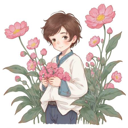 1boy , flower , white background, JSM , <lora:huahui:0.7>,