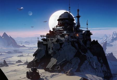 Seen from the sky, a futuristic city rises in the middle of an icy expanse. The scene takes place on another planet, as two moons are visible in the sky. The city is perched on a massive rocky spur, its architecture sleek and harmonious, made of glass and steel. A large building with a grand dome overlooks the city, and communication antennas are scattered throughout.
Space traffic is visible, with several spacecraft above and below, some docking at the city's elevated astroport. On the ground, a few mining vehicles operate. The city is surrounded by a vast frozen desert, with occasional jagged rocks protruding from the ice.
The sky remains bright as the sun sets behind us, casting a cold glow over the scene. The atmosphere is nocturnal, dominated by deep bluish tones.