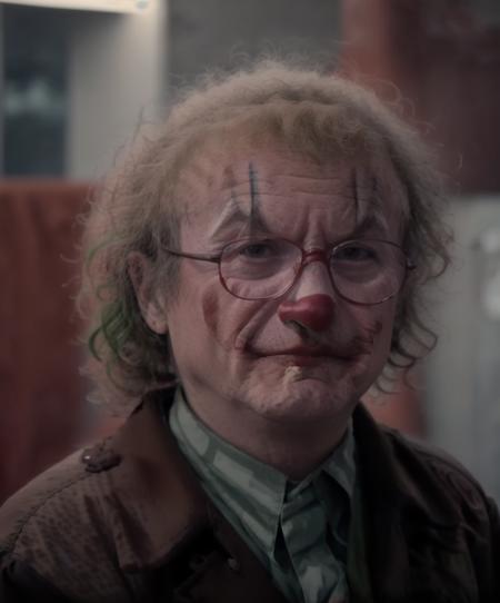<lora:amnontlora:0.94> close up, RAW photo, amnont as Joker, clown, red makeup, naked, sad, depressed, glasses, face, circus background (high detailed skin:1.2), 8k uhd, dslr, soft lighting, high quality