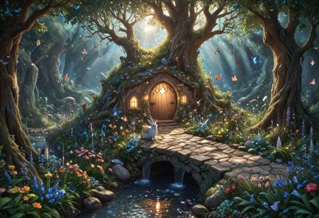(Isekai anime style.Anime coloring.(0.9))In a whimsical world, a beautiful fairy garden blooms with vibrant flowers and sparkling fountains. A delicate, crystal bridge spans a gentle stream, leading to a majestic tree with leaves that shimmer like diamonds. A friendly, fluffy rabbit hops along the winding path, surrounded by fluttering butterflies and sweet, singing birds. The garden is filled with hidden treasures, like a tiny, glowing fairy door and a secret, shimmering cave. A soft, fluffy cloud drifts lazily across the sky, casting a warm, gentle shadow over the garden. The air is filled with the sweet scent of blooming flowers and the soft, soothing sound of gentle chimes. It's a peaceful, magical place where dreams come alive and wonder waits around every corner.master_class,master_piece,up_8,up_9,perfect beautiful,perfect beautiful early morning light.