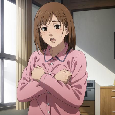 <lora:Noguchi001:0.7>,blush,surprised,open mouth,
Noguchi,1girl,
brown hair,
indoors,pajamas,arm_hug,