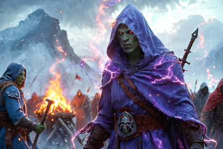bioluminescent, an orc scout with green skin, wearing a hooded cloak, holding a dagger, solo, from the Stormfang Clan, with storm-blue war paint and lightning symbols, an orc camp with leather tents, wooden stakes, a central bonfire, detailed background, taming a beast, using a whip, sneaky, sly grin, environment focus, wide shot, a pit fight tournament with orcs fighting, crowds cheering, blood on the ground, a clan banner with a symbol, nearby, on volcanic ash, gray and dusty, windy, gusts blowing, leaves swirling, clouds racing, dusk, deep orange and purple tones, fading light, cool breeze, best quality, vibrant colors, realistic style, high detail, high-definition, hyper-realistic, extremely high-resolution details, fine texture, incredibly lifelike, realistic, not cartoon, not drawing, highres, 4K resolution, source photo, realistic photo, masterpiece, best quality, amazing quality, very aesthetic, ultra-detailed, detailed textures, natural lighting, soft light, volcanic red tones, deep reds and blacks, firelight, warm orange flicker, dynamic angle, wide shot, <lora:Mystic_Lumina_r1-000007:0.9>