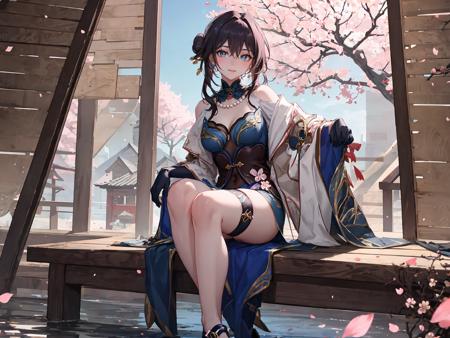 Ruan Mei, chinese clothes, jewelry, gloves, hair ornament, hair intakes, hair bun, necklace, clothing cutout, bare shoulders, thigh strap, high heels