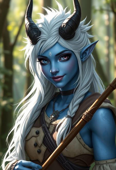 (((detailed, beautiful, high quality))), female tiefling, blue skin, white sclera, no iris, blank eyes, white hair, spiky hair, tomboy, demon horns, gentle smile, druid clothing, forest environment, holding druid staff