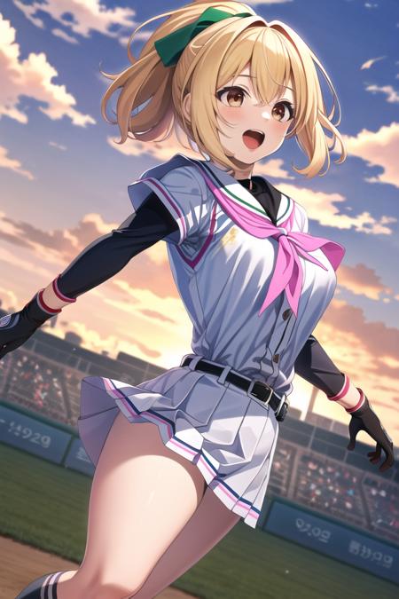 1girl, solo, masterpiece, best quality, absurdres, cute, ultra-detailed, (perfect anatomy, perfect hand), <lora:takanashi_yuzu-000160:0.6>, takanashi yuzu,open mouth, hair bow, upper body, ponytail, outdoors, >o. outstretched arm, green bow, baseball uniform, pink neckerchief, black undershirt, belt, pleated skirt, layered sleeves, short over long sleeves, dirty face, baseball, dirty clothes, baseball mitt, throwing