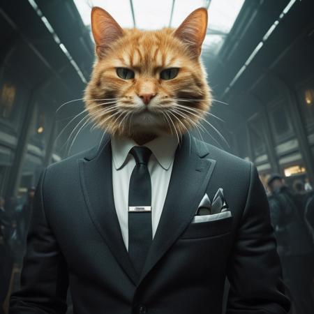 cat in a suit, digital art by ken sugimori and peter mohrbacher - n 6 0 s 3 d 8 fisheye lens. highly detailed sharp focus intricate concept illustration unreal engine octane render god rays cinematic trending on cgsociety deviantartstation an epic sci fi movie poster of the year 2 4 7 9 1 cyberpunk 2077 color scheme vfx smooth dof hdr arnold, Cinematic photography, movie mood, cinematic light, compelling composition, storytelling elements, conveys emotion, mood, and narrative depth, creating visually striking images that feel like still frames from a film