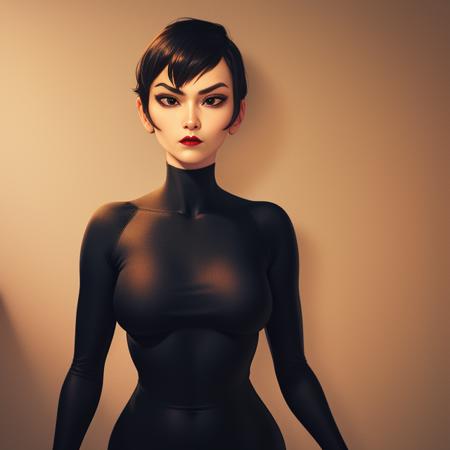 Ashi , short black hair, pointy hair, red lipstick,black eyes, serious expression,  cowboy shot, 
Asui,black bodysuit,skin tight,  camel toe, 
dark caves, red lighting, dark corners,
(insanely detailed, beautiful detailed face, masterpiece, best quality)
<lora:Ashi:0.8>