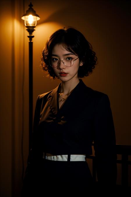 1girl,curly hair,in the dark,deep shadow,absurdres,Volumetric Lighting,chinese_style,under-rim_eyewear,girdle