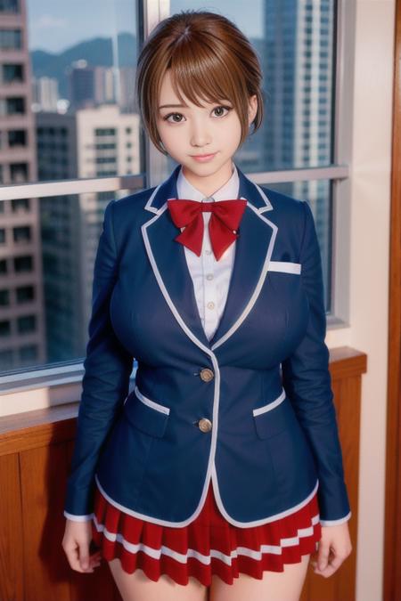 地点：Night, Hong Kong View, High-rise_hotel, Beside Window,
动作：Standing at attention,
服饰：blazer, bow, bowtie, jacket,pleated_skirt,red_bowtie, school_uniform,
角色：<lora:HarunoChika:0.7>,HarunoChika,
头发：brown_eyes, brown_hair, cowboy_shot,short_hair,
角色鎖定：
1 girl,Solo, Manga,20yo,mature female,Beautiful Finger,Beautiful long legs,Beautiful body,Beautiful Nose,Beautiful character design, perfect eyes, perfect face, 
眼神表情：
looking at viewer, (innocent_big_eyes:1.0),alluring,light smile, seductive smile,embarrassed, shy,
畫質:
official art,extremely detailed CG unity 8k wallpaper, perfect lighting,Colorful, Bright_Front_face_Lighting,
(masterpiece:1.0),(best_quality:1.0), ultra high res,4K,ultra-detailed,
photography, 8K, HDR, highres, absurdres:1.2, Kodak portra 400, film grain, blurry background, bokeh:1.2, lens flare, (vibrant_color:1.2)
身材:
(Beautiful,large_Breasts:1.4), (beautiful_face:1.5),(narrow_waist),

Steps: 27, Sampler: DPM++ SDE Karras, CFG scale: 7, Seed: 851033329, Face restoration: CodeFormer, Size: 512x768, Model hash: 149e484f70, Model: chilledReGenericV3_v10