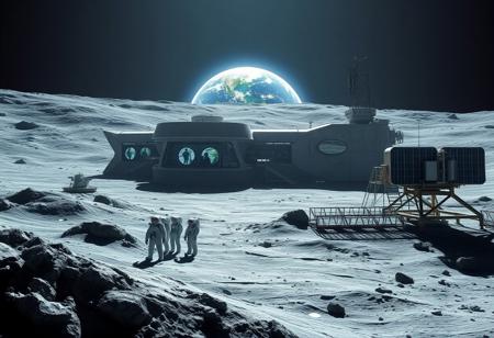 Ultra realism, high quality, high resolution 8K and above, stable and accurate focus, ultra correct anatomy, super detail. A lunar landscape with a space base located on the surface of the moon. The base is made up of multiple modules connected by tunnels and has large windows from where the Earth can be seen on the horizon. The Earth appears bright and blue in contrast to the gray and dusty surface of the Moon. In the foreground, astronauts in white spacesuits are seen performing scientific research and technical support. Large solar panels and communication antennas are located around the base.
Colors: Gray for the lunar surface, bright blue and white for the Earth, metallic colors for the base and equipment.
Objects: Space base, lunar surface, Earth, astronauts, solar panels, communication antennas.
Atmosphere: High-tech, futuristic, majestic.
Styles: Realistic, Sci-Fi.
Additional items: Moon dust, scientific instruments, space dust and particles, small exploration rovers.