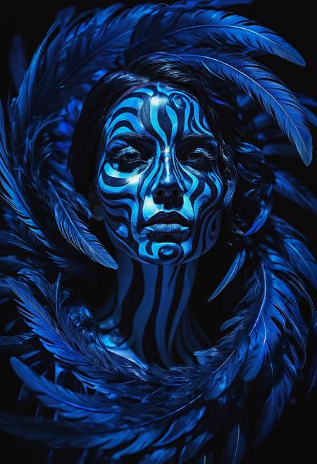 raw photo, the skull is distorted by the twists and turns of a woman with dark hair, in the style of neon impressionism, spiral vortex patterns, dark blue and light black, photoillustration, made of feathers, expressive light and shadow, expressionist emotiveness
