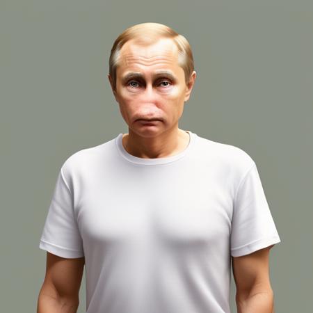 Vladimir Putin, beach<lora:nose_remover-000033:1>, t-shirt