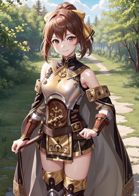 masterpiece, 4K, best quality, delthea, hair bow, bare shoulders, brown cape, breastplate, tabard, brown dress, boots, standing, smile, determined expression on face, forest <lora:delthea-nvwls-v4-000012:0.9>