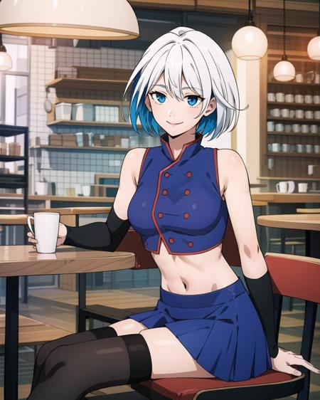 kaylakaslana, white hair, multicolored hair, blue eyes, blue sleeveless crop top with red edgings, midriff, blue skirt, zettai ryouiki, black tights, black boots, black arm sleeves