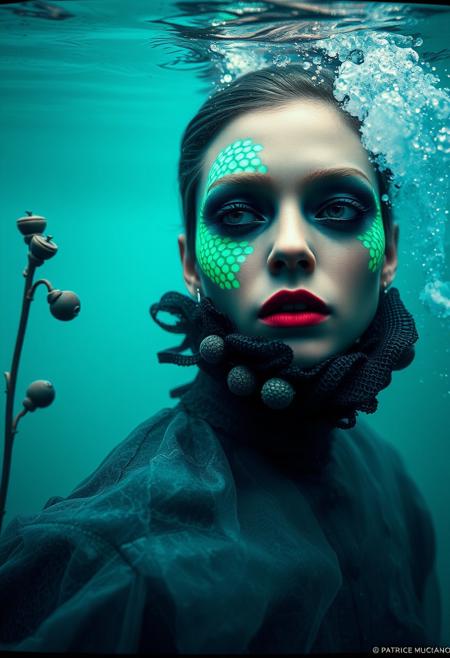 By Eric Lacombe By Patrice Murciano Frostpunk Fashion Photography, underwater environment, minimalism, smoked eye shadow, illuminated green-blue bulging biomorphic dot pattern, underwater landscape, sea plants, bokeh ashes, volumetric particle dust, powdered paint pigment, vivid color, misty aether houte - couture rococo metal  clothing, holga medium format camera, etherial lighting, backlighting, in the style of. . ., professional ominous concept art, by artgerm and greg rutkowski, an intricate, elegant, highly detailed digital painting, concept art, smooth, sharp focus, illustration, in the style of simon stalenhag, wayne barlowe, and igor kieryluk.