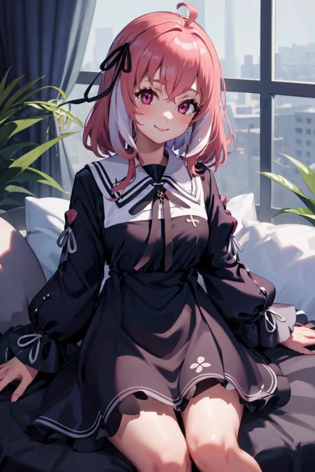 masterpiece, best quality, absurdres, perfect anatomy, 1girl, solo, SasakiBlackDress, black dress, long sleeves, puffy sleeves, black ribbon, hair ribbon, indoors, smile, <lora:SasakiSaku:1.0>