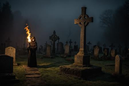 masterpiece , in the middle ages an irish stone cross on a pedestal with celtic sybols surrounded by ancient gravestones in a mystical fog-covered cemetery, at midnight , (a female in a long dark coat and holding a burning torch walks in the middle distance:1.4), dense fog rolls in, (crows fly in the moonlight:1.3),  
(darkness:5.0), midnight,  dark, dangerous, ghostly, spooky, scary, horror, mystical, creepy,  <lora:add-detail-xl:1.8>, 
Ultra-HD-details, true to life, HDR image,High detail resolution, high detailed, realistic,sharp focus,(very detailed),((4K HQ)),depth of field,f/1.2,Leica,8K HDR,High contrast,shadows, bokeh, (8K HDR photo),realistic texture,realistic shadows,accurate to life,living image,lifelike , shallow depth of field, (vignette:1.5), highly detailed, high budget, bokeh, cinemascope, moody, epic, gorgeous, film grain, grainy, Extremely high-resolution details, photographic, realism pushed to extreme, fine texture, incredibly lifelike,  Eerie, unsettling, dark, spooky, suspenseful, grim, highly detailed . Eerie, unsettling, dark, spooky, suspenseful, grim, highly detailed . Eerie, unsettling, dark, spooky, suspenseful, grim, highly detailed  . Eerie, unsettling, dark, spooky, suspenseful, grim, highly detailed