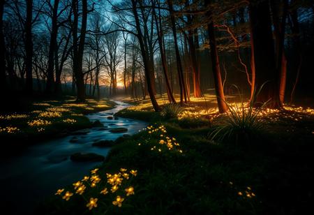 Cinematic long exposure, enchanting woodland at sunset, bio-luminescent brook flows through the trees, glowing flora, soft focus on the foreground, darkening backdrop, warm golden light, gentle mist, soft blur, warm tones, hyper detailed, intricate details, volumetric lighting, 8K, dslr, high quality