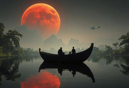 A hyperrealistic cinematic photograph, resembling a shot taken with a state-of-the-art cinema camera, extreme detailed and sharp, captures a serene moment on a lush, verdant planet within the Warhammer 30K universe. In the foreground, a small, Viking-style boat, constructed from almost black, highly detailed wooden planks, floats gently on a smooth, mirror-like river that perfectly reflects the surrounding environment. in the boat are a man and his son, silhouettes visible against the backdrop as they gaze skyward. The scene is illuminated solely by the crimson glow of a massive red giant gas planet overhead. Dominating the sky is a colossal Lunar Wolves battleship, its immense silhouette partially obscuring the gas giant, extending beyond the frame of the image. Closer to the ground, a second ship flies low, emblazoned with a giant, glowing "BUZZ" on its hull. The composition emphasizes the contrast between the tranquil, natural setting and the imposing, futuristic spacecraft, creating a poignant juxtaposition. The image is rendered in ultra-high detail, capturing the intricate textures of the boat's wood, the stillness of the water, and the atmospheric lighting, evoking a sense of awe and wonder. Eye-level shot, approximately 20 cm above the waterline, emulating the perspective of a handheld cinema camera. 