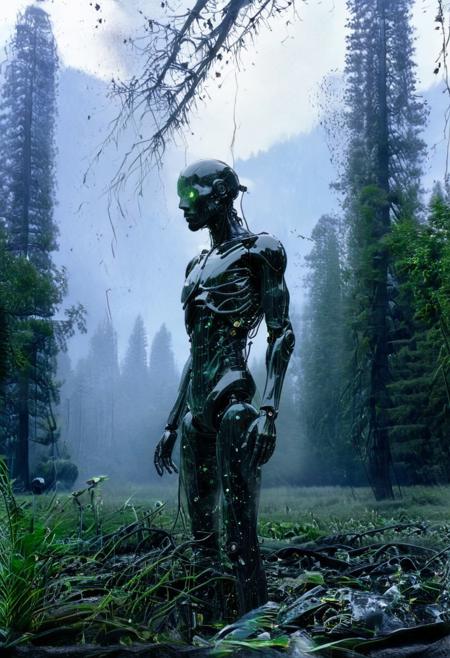 Blame! by Tsutomu Nihei see through cyborg,forest background, mist, black oil splatter, black plated cables everywhere, translucent glass head, chips and electronics, in background, black oil splatter, green everywhere, symbiotic everywhere, insects everywhere titanium everywhere, electric everywhere, city background, easynegative, ng_deepnegative_v1_75t