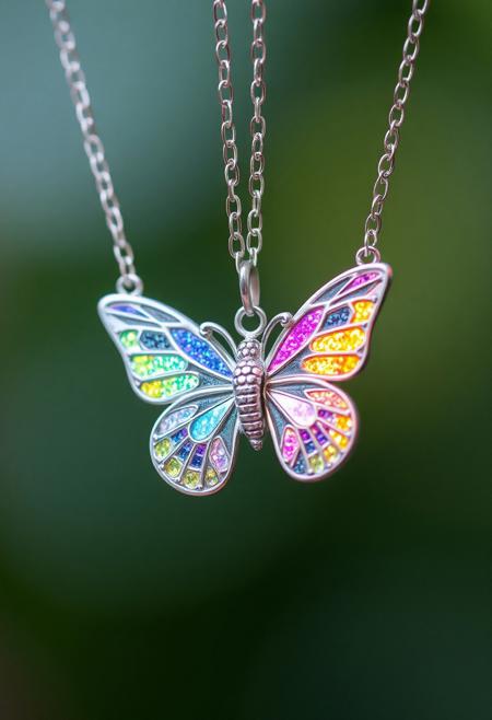 A diminute, very small radiant silver metallic butterfly necklace, adorned with sparkling wings (vibrant rainbow hues). The necklace floats in the air, as if worn by someone invisible, creating an almost magical aura.