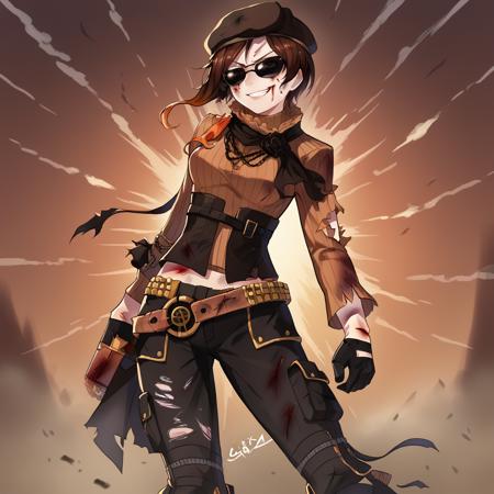 Coco_RWBY Brown hair, sunglasses, brown beret, gloves, black gloves, belt, sweater, boots, pants, jewelry, looking over eyewear