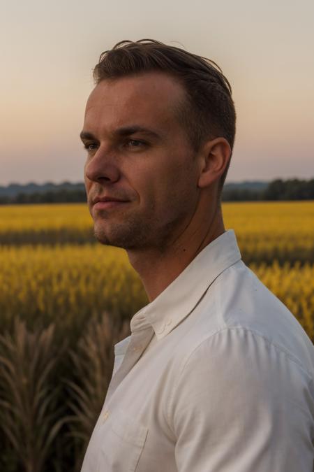 (closeup) photo of matthew_bosch contemplatively gazing towards the horizon where the sky meets the golden fields wearing (unbuttoned) crisp white shirt, rolled up sleeves, contemplative, hopeful, and forward-looking mood, <lora:matthew_bosch-07:0.75>, heartland beauty, rustic and serene, blurred background, the soft glow of dawn, strong, approachable, rich evocative background, optimistic and determined, hopeful