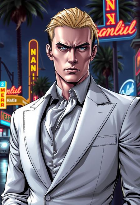 A highly detailed and realistic depiction of a male vampire with an air of stoic elegance and a commanding presence. He has sharp, angular features and a serious expression that reflects both power and mystery. His hair is sleek and blonde, combed back neatly, adding to his sophisticated demeanor. He is dressed in a pristine white suit tailored to perfection, with subtle gothic embellishments, such as a high collar and intricate stitching. His pale, smooth skin contrasts beautifully with the suit, giving him an otherworldly glow. His eyes are sky blue. The background showcases the lively streets of California at night, with vibrant neon signs, palm trees swaying in the breeze, and the faint glow of headlights, blending modern urban scenery with his timeless, supernatural essence. Semi-realistic comic gothic style.