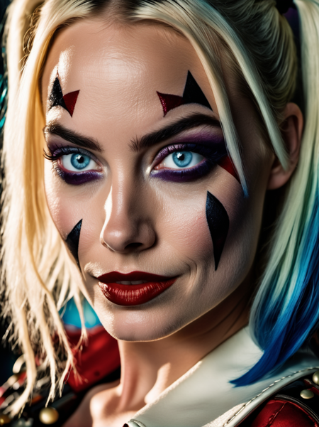 cinematic photo,
RAW, contrast, Dappled Light, (intricate:1.3), photo portrait of 37 years old (Margot robbie:1.1) as Harley Quinn, ( skin texture:1.3), (film grain), scene from suicide squad movie, trending on DeviantArt, (detailed eyes), (skin pores), (look at viewer), (high quality face), (high detailed face skin), (realistic iris), (realistic pupils), (realistic lighting:1.1),