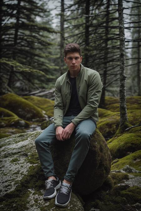 photo of kyle_hynick <lora:kyle_hynick-05-prodigy:0.75> posing outdoors sitting on a boulder covered in moss, wearing a jacket and (fitted) shirt, hands in pocket, jeans and sneakers, blurred background, Canadian wilderness, looking at camera, moody weather, overcast