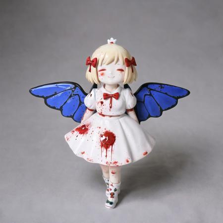 <lora:vallavica_animals:1.2>, vallavica_animals, porcelain animal, ceramic figurine, chibi, cute,  1girl, ^ ^, bird wings, blood, blood on face, bloody clothes, bloody hands, bow, close-up, closed eyes, comic, cowboy shot, emphasis lines, face, from below, hair bow, hands up, highres, monochrome, puffy short sleeves, puffy sleeves, shirt, short sleeves, skirt, slit pupils, smile, solo, standing, third eye, to be continued, wings