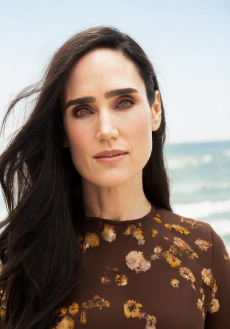 jennifer connelly (sharp focus:1.2), portrait, attractive young woman, (beautiful face:1.1), detailed eyes, luscious lips, (eye makeup:1.2), body freckles, (large breasts:1.0), (tight body:1.2), (brown hair:1.2), wearing (flowery dress:1.2) at (the beach:1.2). (morning sun lighting:1.2), depth of field, bokeh, 4K, HDR. by (James C. Christensen:1.2|Jeremy Lipking:1.1).