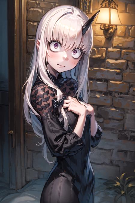 (masterpiece, best quality, detailed), 1girl, solo, indoors, night, dark, against wall, from side, wavy mouth, closed mouth, looking at viewer, standing,
lavinia whateley \(fate\), polka dot bow, black dress, <lora:LaviniaV11-000003:0.9>, eyebrows hidden by hair, dutch angle, hand on own chest, constriricted pupils