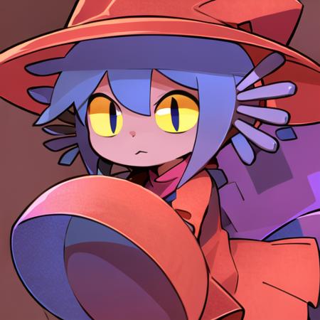 <lora:niko_1:1>, masterpiece,, best quality,  niko, yellow eyes, person, red hat, hat, red dress, blue hair, simple background,