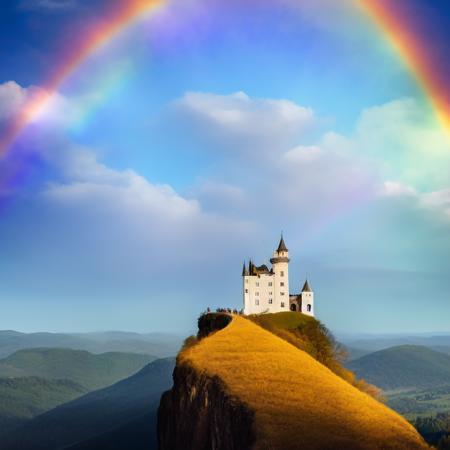 (rainbowfusion style:1) a man standing on top of a mountain with a castle in the background <lora:djzRainbowFusionV21_LoraBooth:1>