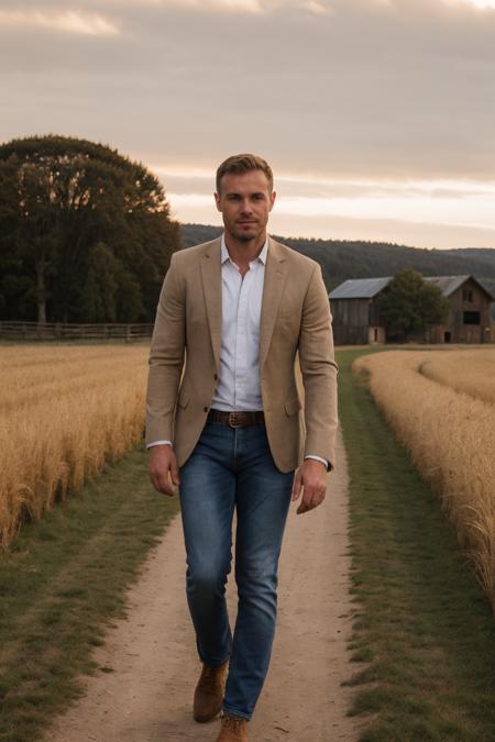 (wide shot) photo of matthew_bosch walking down the beginning of a path with golden fields on either side, wearing well-fitted smart casual clothes, wearing earth-toned blazer, crisp white shirt, blazer, dark denim jeans, respectful and grounded mood, <lora:matthew_bosch-07:0.75>, rustic barns, horizon, early morning sky, warm hues of dawn, serene backdrop, (unbuttoned shirt)