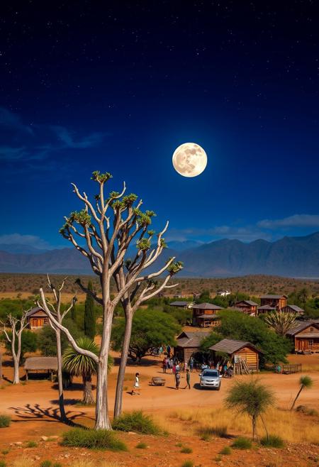 acacia trees, tall wooden village buildings, mountains in far distance, bustling village, savannah wilds, arid prairie, detailed scenery, fullmoon, night, clouds, starry sky, milky way, 
best quality, sharp focus, high contrast, colorful, ultra quality, 8k, best quality,