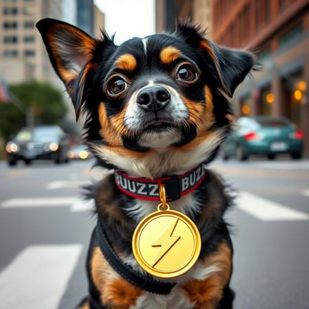 cute dog on street with BUZZ written on collar ribbon, lightning bolt symbol on a gold medallion attached to collar, looking at viewer, city background