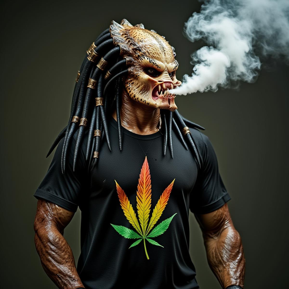 a muscular alien predator have dreadlocks, wears a rastafarian tshirt with a hemp leaf on it, blows smoke. The smoke write the text ''Peace'' in the air <lora:PredatorV2:0.8>