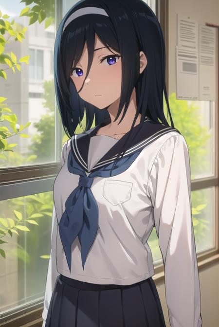 fuyumiirisu, <lora:fuyumi irisu s1-lora-nochekaiser:1>,
fuyumi irisu, long hair, (purple eyes:1.1), black hair, hair between eyes, hairband,
BREAK skirt, school uniform, serafuku, kamiyama high school uniform \(hyouka\), black skirt, long sleeves, black sailor collar,
BREAK indoors, classroom,
BREAK looking at viewer, (cowboy shot:1.5),
BREAK <lyco:GoodHands-beta2:1>, (masterpiece:1.2), best quality, high resolution, unity 8k wallpaper, (illustration:0.8), (beautiful detailed eyes:1.6), extremely detailed face, perfect lighting, extremely detailed CG, (perfect hands, perfect anatomy),