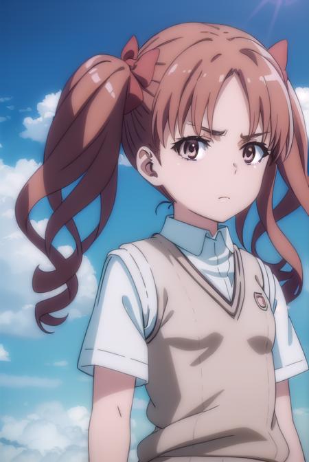 kurokoshirai, <lora:kuroko shirai s3-lora-nochekaiser:1>,
kuroko shirai, brown hair, long hair, (parted bangs:1.5), (brown eyes:1.7), ringlets, twintails, hair bow, bow, red bow, (small breasts:1.2),
BREAK armband, black skirt, collared shirt, dress shirt, pleated skirt, safety pin, school uniform, shirt, short sleeves, skirt, summer uniform, sweater vest, tokiwadai school uniform, twintails, white shirt, (brown sweater vest:1.5),
BREAK outdoor, city, sky, sun, clouds,
BREAK looking at viewer, (cowboy shot:1.5),
BREAK <lyco:GoodHands-beta2:1>, (masterpiece:1.2), best quality, high resolution, unity 8k wallpaper, (illustration:0.8), (beautiful detailed eyes:1.6), extremely detailed face, perfect lighting, extremely detailed CG, (perfect hands, perfect anatomy),