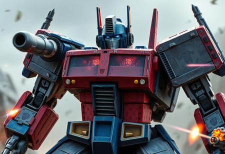 transformers generation 1, robot made of tank parts, scorn, with gorgeous detailed eyes in the style of precisionism, gaston bussiere, a picture, blue and red, tank turret, knight helmet, wide focus, action pose, lasers, explosions, decepticon