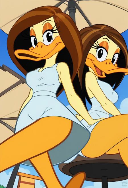 TinaRussoSDXL,furry female, black eyes, duck beak, eyelashes,yellow skin,brown hair, streaked hair, orange legs, looking behind at viewer through shoulder, open mouth, light summer dress, (summer village baackground), medium breasts, standing, low angle view, crossed legs, rear view,