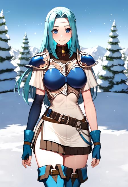 1girl,<lora:fiora fehXL:1>,fiora feh,breastplate,shoulder armor,asymmetrical gloves,white dress,slit skirt,belt,thigh boots,cowboy shot,standing,smile,snow,grass,looking at viewer,ultra-detailed,best quality,masterpiece