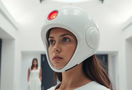 The image shows a young woman wearing a white helmet with a red light on it. The helmet has a futuristic design with a large circular opening in the center. The woman is standing in a room with a high ceiling and white walls. She is looking off to the side with a serious expression on her face. In the background, there is a woman in a white dress standing in front of the helmet. The overall mood of the image is futuristic and futuristic.