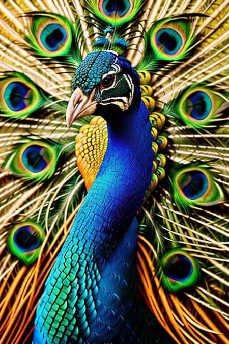 Ultra High Definition, Impeccable Detail, Premier Quality, Best-in-class, (Photorealistic), (Lifelike), raw photo,peacock,  abstract painting with varying colorful geometric shapes on a textured background, sculpture of a peacock standing in front of the abstract painting