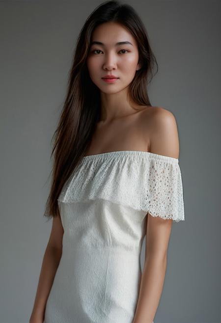 Beautiful half Taiwanese and half Briton mixed-race woman, high detail, portrait, elegant, delicate features, emotional expression, masterpiece, 8k resolution, Extremely high-resolution details, realism pushed to extreme, fine texture, incredibly lifelike, looking at viewer, solo focus, realistic, photorealistic, soft lighting, ultra realistic photograph, simple background, Exquisite details and textures, grainy, film analog photography, film, face details, real face, without make up, brown hair, long straight hair, hair, perfect sharp face, full body portrait, full body shot, standing, perfect body, white off shoulder silky dress, white high heels, shoes, perfect legs, perfect foot,