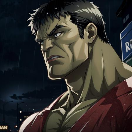 hulk, brooding, solitary figure, clenched jaw, imposing presence, streets, night, rain-soaked atmosphere, intricate details, masterpiece, absurdres, best quality <lora:hulk-000020:0.7>