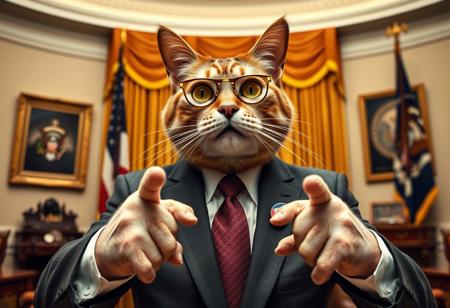 dr claw in sharp suit inside the oval office, real photograph, inspector gadget style, photorealistic, correct hands, correct fingers, presidential seal, vote button, campaign photo, election, elegant scene, madd cat